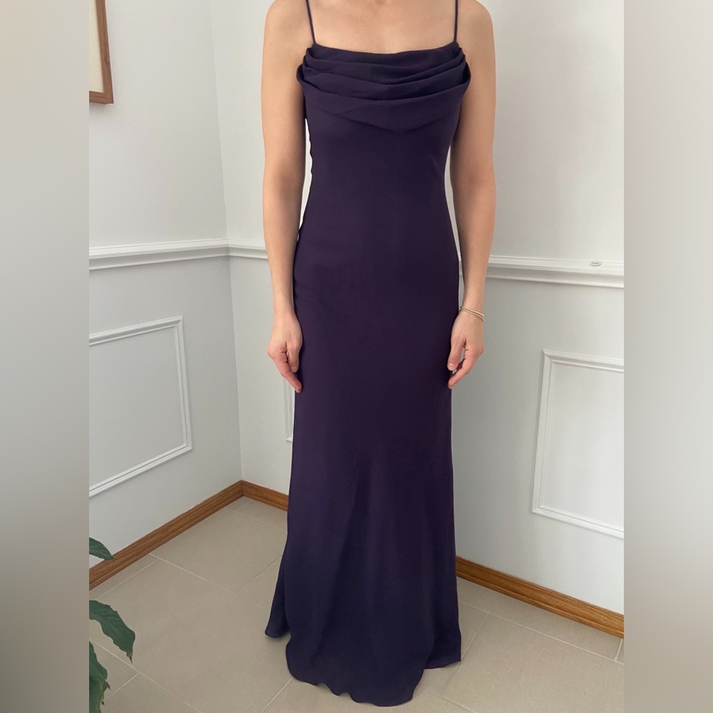 Deep purple gown with spaghetti straps, and cowl neckline